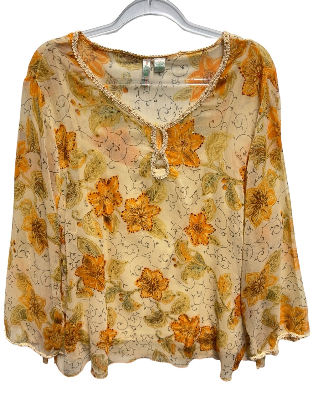 Chiffon Knit Beaded French Toile Floral Paisley Art Blouse Top Tunic